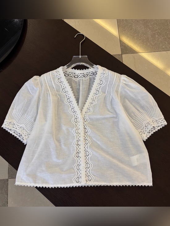 Tops - White Lace-Trim Puff Sleeve Blouse - Women Tops